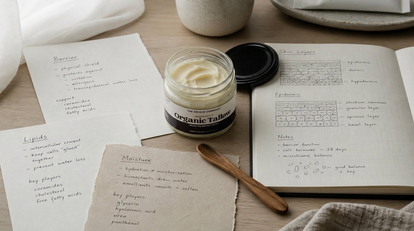 minimal skincare consultation scene with natural balm and notes