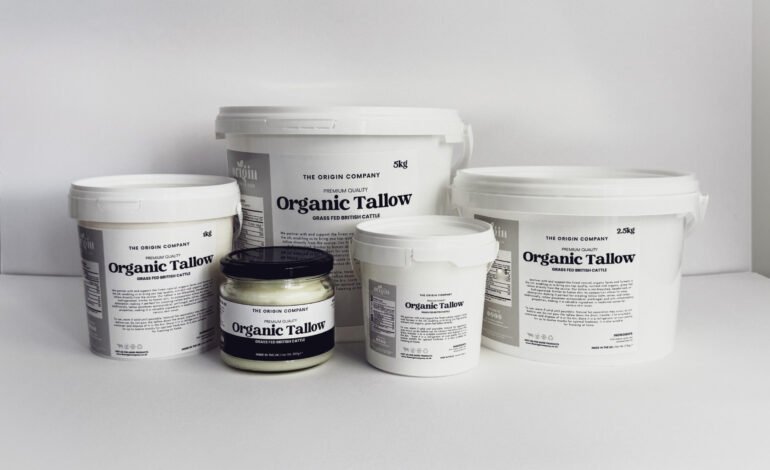 Lab tabletop with beef tallow sample and EU regulatory documents