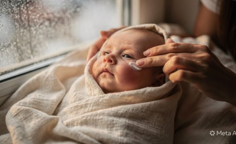 Baby with soft rosy cheeks wrapped in a warm towel beside natural skincare textures