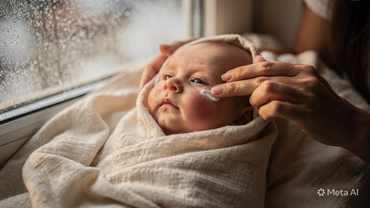Baby with soft rosy cheeks wrapped in a warm towel beside natural skincare textures