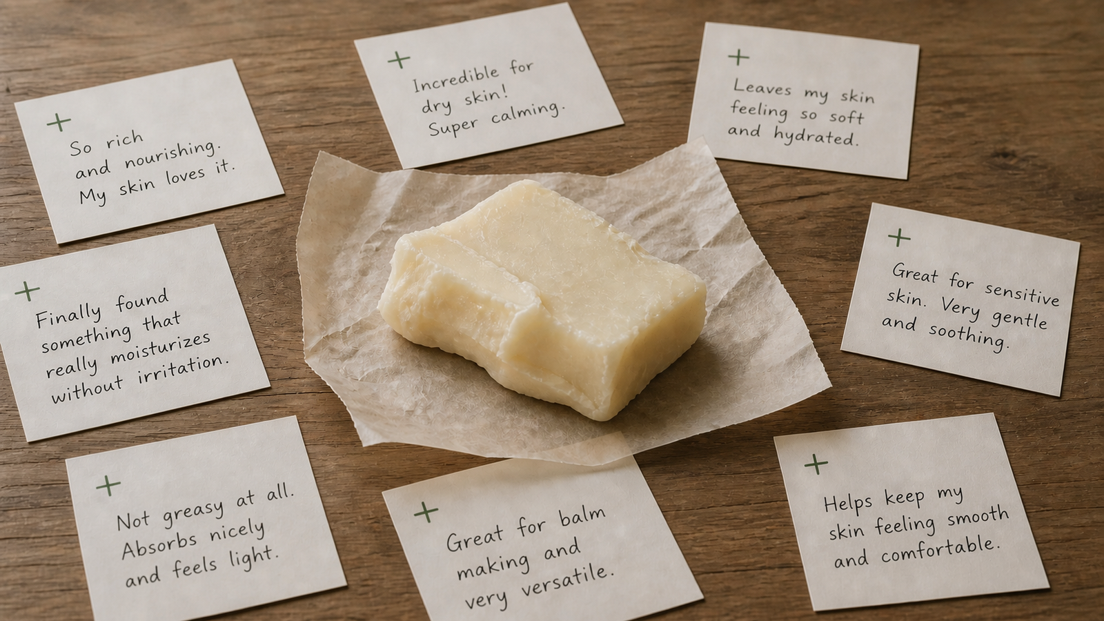 real customer feedback concept with tallow balm textures and handwritten notes